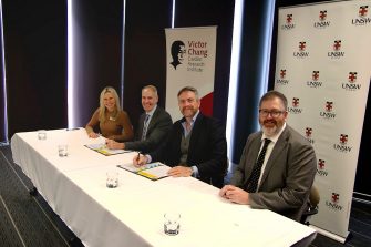 Victor Chang Cardiac Research Institute Deputy CEO Suzie Blinman, Victor Chang Cardiac Research Institute CEO and Director Professor Jason Kovacic, UNSW Vice-Chancellor and President Professor Attila Brungs and UNSW Pro Vice-Chancellor Research Professor Dane McCamey at the signing ceremony.