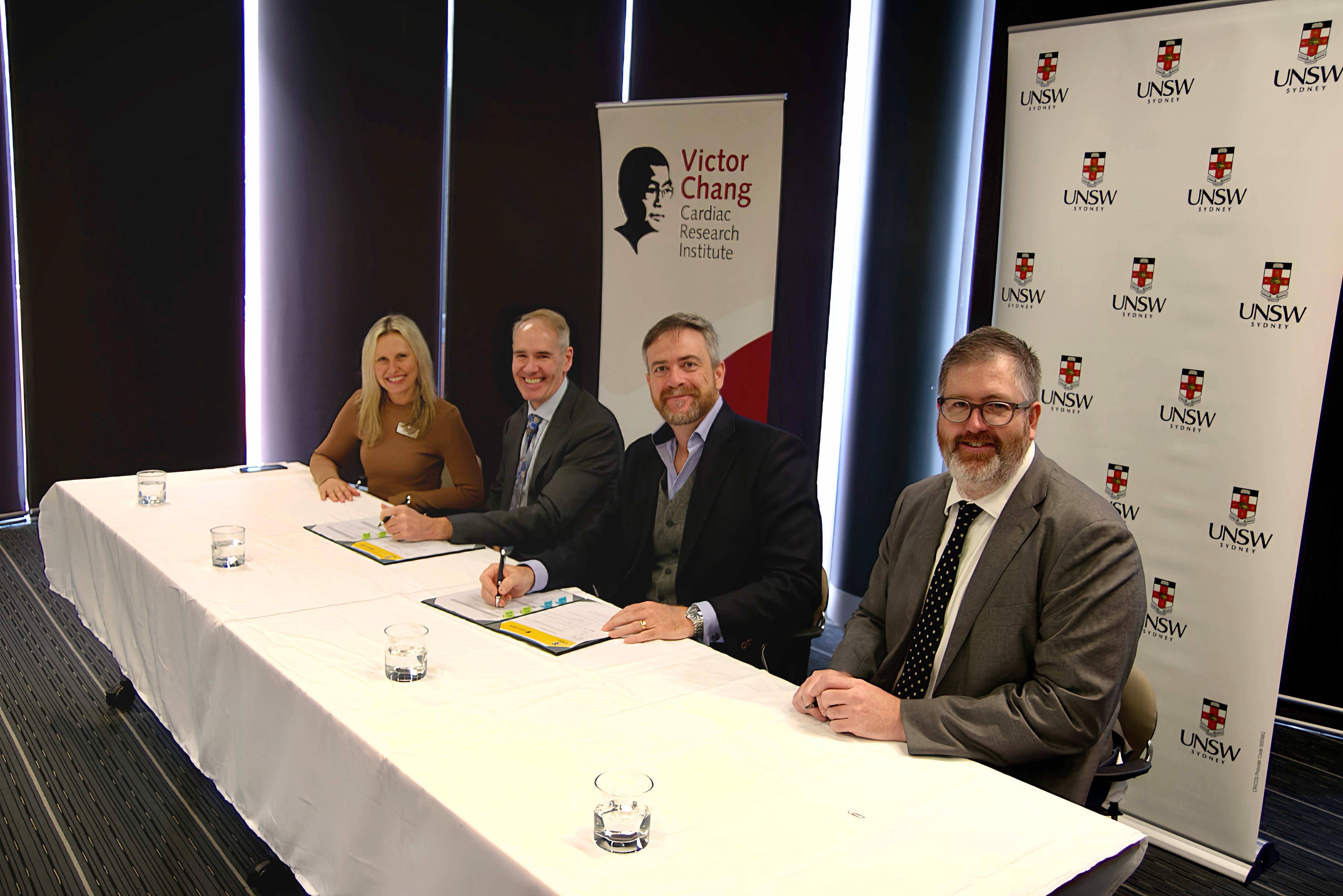 Victor Chang Cardiac Research Institute Deputy CEO Suzie Blinman, Victor Chang Cardiac Research Institute CEO and Director Professor Jason Kovacic, UNSW Vice-Chancellor and President Professor Attila Brungs and UNSW Pro Vice-Chancellor Research Professor Dane McCamey at the signing ceremony.