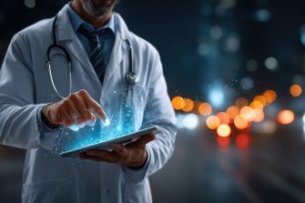 Doctor Using Tablet with Glowing Data at Night