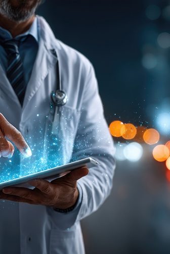 Doctor Using Tablet with Glowing Data at Night