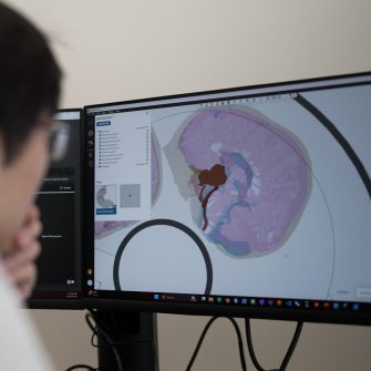 a guy staring at an image of a brain on monitor