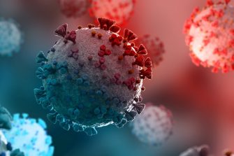 Microscopic close-up of the covid-19 disease. Blue and Red Coronavirus illness spreading in body cell. 2019-nCoV analysis on microscope level 3D rendering