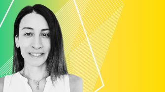 Black and white photo of a person in front of green and yellow gradient background