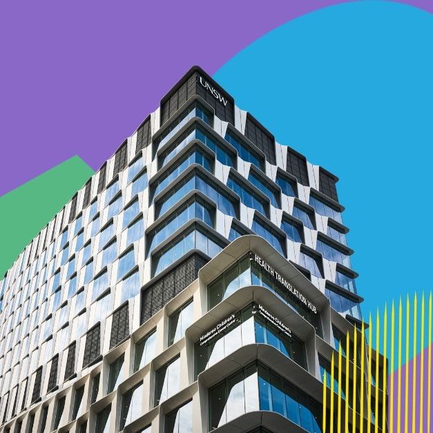 Cutout image of a building on a purple background surrounded by coloured abstract shapes