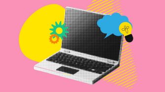 Halftone image of a laptop on a pink background  surrounded by graphic elements