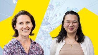 Two female cutout headshots with yellow UNSW shapes behind them and an abstract blue background