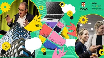 Abstract collage on a green background with various graphic devices