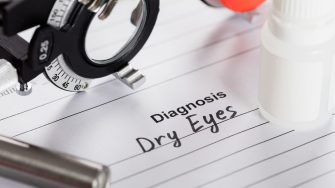 Close-up Of Text Diagnosis Dry Eyes On Piece Of Paper With Diopter And Medicine