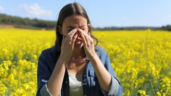 Allergic woman scratching itchy eyes in spring season in a yellow flowered field