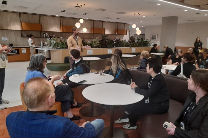 CampbellTownPAHS And Oran Park High School students on a visit to SPH in 2026 and are listening to James Wood in the HTH Level 5 Heart