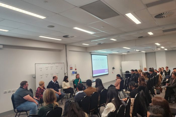 SPH MHLM students on a tour of Liverpool hospital listen to a panel discussion