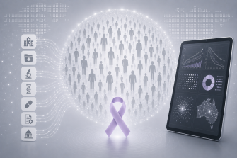AI generated image of a sphere filled with people, a tablet with graphs and a purple cancer ribbon