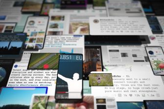 Overlayed images of phones and social media updates