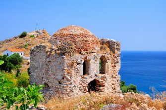 Ruins in Kastro, old metropolis of Skiathos, that resemble a face