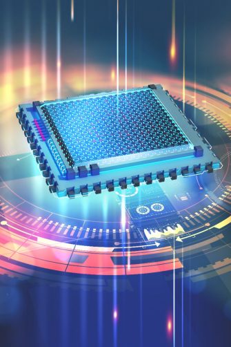 An artist's impression of a silicon chip among lights and colours
