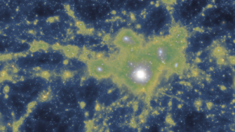 Distribution of dark matter density overlayed with the gas density. This image cleanly shows the gas channels connecting the central galaxy with its neighbours