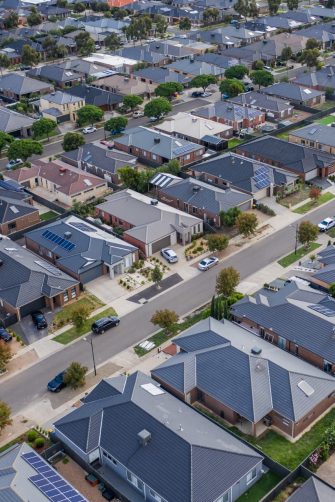 Aerial view of a modern Australian suburban residential neighbourhood