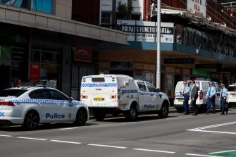 Police officers work outside the Westfield Shopping Centre at Bondi Junction in Sydney, Australia, April 14, 2024. One Chinese citizen was killed and another wounded in a mass stabbing attack at a Sydney shopping center, the Chinese Consulate General in Sydney said on Sunday. (Photo by Ma Ping/Xinhua via Getty Images)