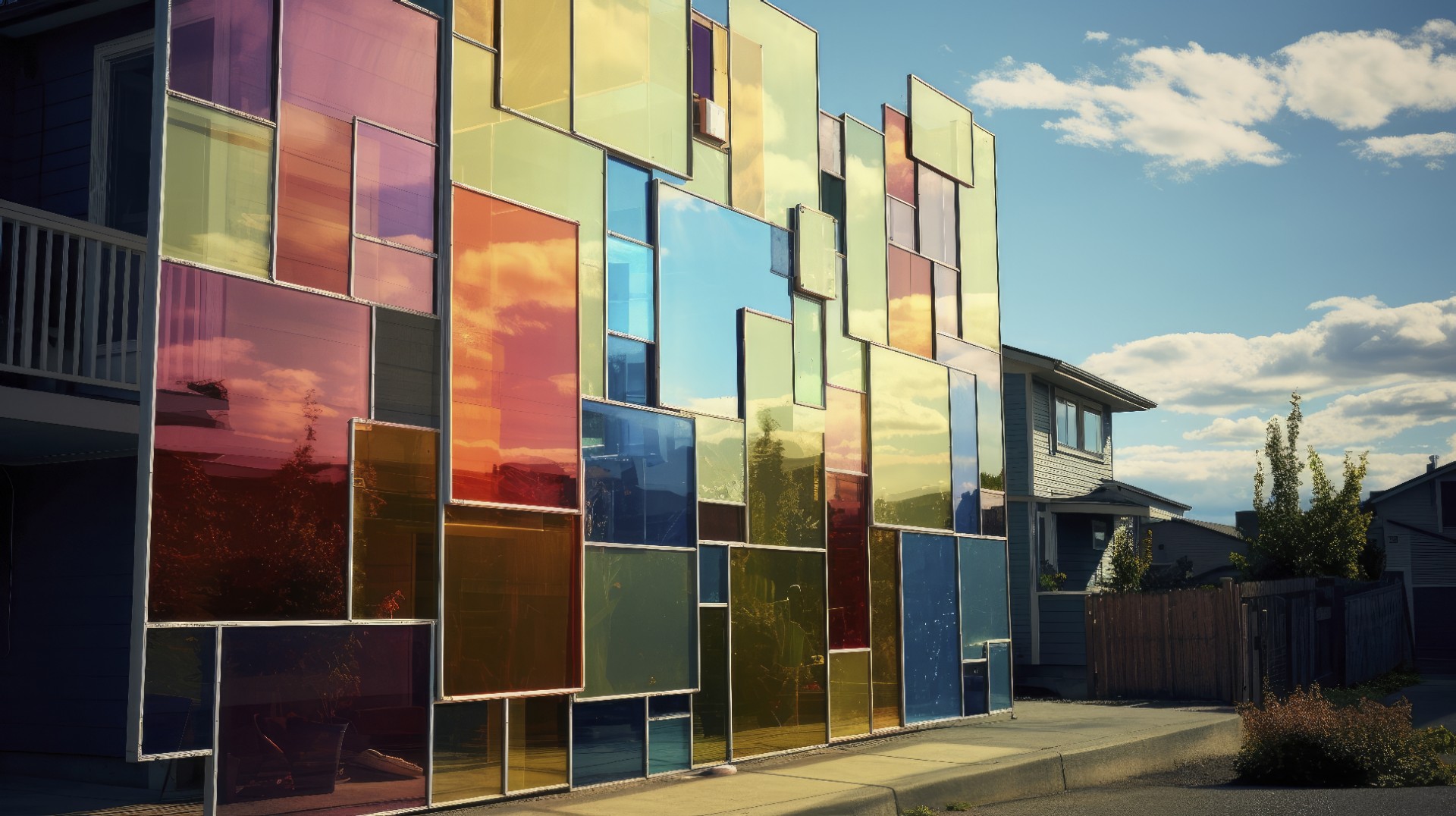 The wall of a building with multiple different sized oblong panels of different colours, shining in the sun.