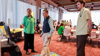 April Falls participant tries NeuRA SmartStep an interactive cognitive-motor training tool by NeuRA