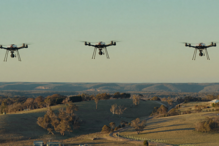 Three large commercial drones flying over Australian farmland