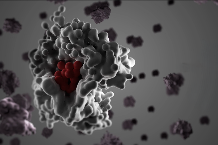 MINIMUM bio banner image showing a cgi molecule in black and white with a red element at its centre