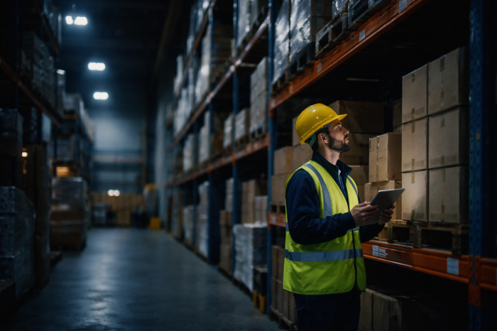 man in moodily lit warehouse looking at stock