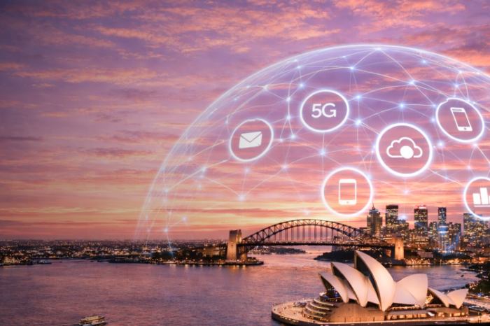 Sydney Harbour with an internet of things bubble over the city, Opera House and Harbour Bridge