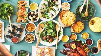 A table set with plates of food