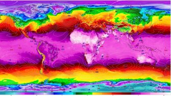 The world map centered on the Atlantic Ocean is color-coded to represent different temperature ranges around the world.