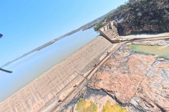 Dam wall on Lake Dalrymple, aerial waterbird survey 2025