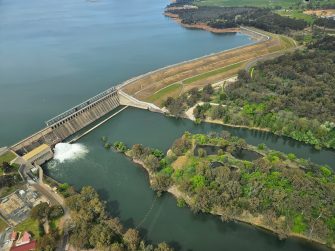 Hume Dam wall, releasing water to the River Murray, aerial waterbird survey, 2025