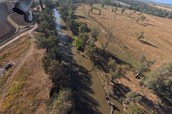 View of front section of light plane over river with trees along edges and sky in distance