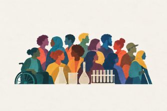A vibrant community of diverse, overlapping figures alongside laboratory glassware represents inclusion, equity and belonging across chemistry.