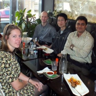 Group lunch, May 2012. Left to right: Raju Cheerlavancha, Jonatan Wangsahardja, Stefanie Vaccher (undergraduate project student), Luke Hunter, Zhiyong Wang, Iqbal Ahmed, Renecia Lowe.
