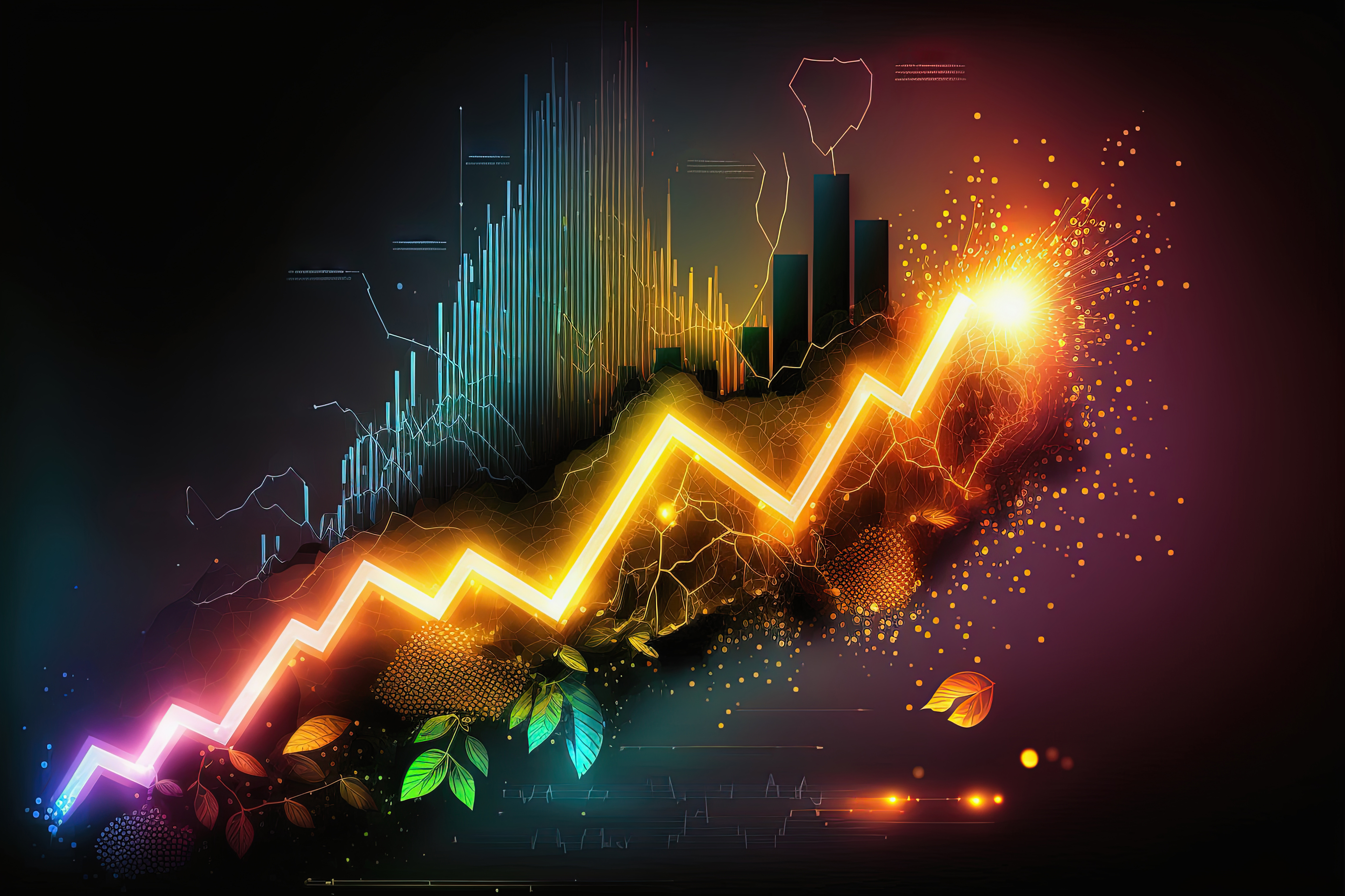 Trading business green economy chart on dark colorful neon background. Financial stock market graph on technology abstract background. AI