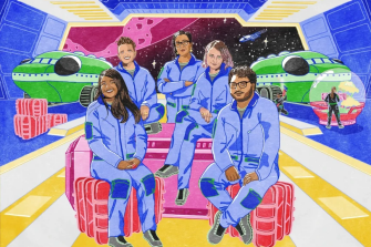 Colorful illustrated scene of five people in blue space suits sitting and standing inside a futuristic spaceship interior. Background shows two green spacecraft, a starry outer space view, and planets. Bright colors dominate the setting, with red crates and yellow flooring adding contrast. A smaller figure in the background appears near a control station.