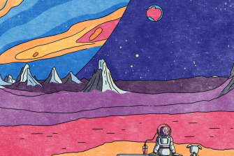 Colorful illustration of an astronaut sitting on a bench with a drink, accompanied by a small robot dog, on an alien landscape. In the background are jagged mountains, a vivid multicolored sky, and a giant planet with swirling patterns, along with a smaller planet in the distance.