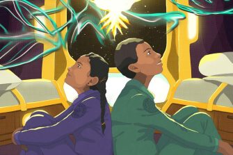 Illustrated book cover titled 'Calculating Apple Pie by Melissa Keil.' Shows two astronauts sitting back-to-back inside a futuristic spacecraft, with a glowing bird-like figure and abstract blue lines in the background. Warm yellow lighting contrasts with purple and green spacesuits.