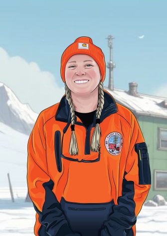 A cartoon depiction of Cliffy McAuliffe, standing outside in the Antarctic. Cliffy is wearing an orange beanie and jacket, and her blonde hair is in two plaits. There's a yellow digger in the background. Cliffy is surrounded by snow. 