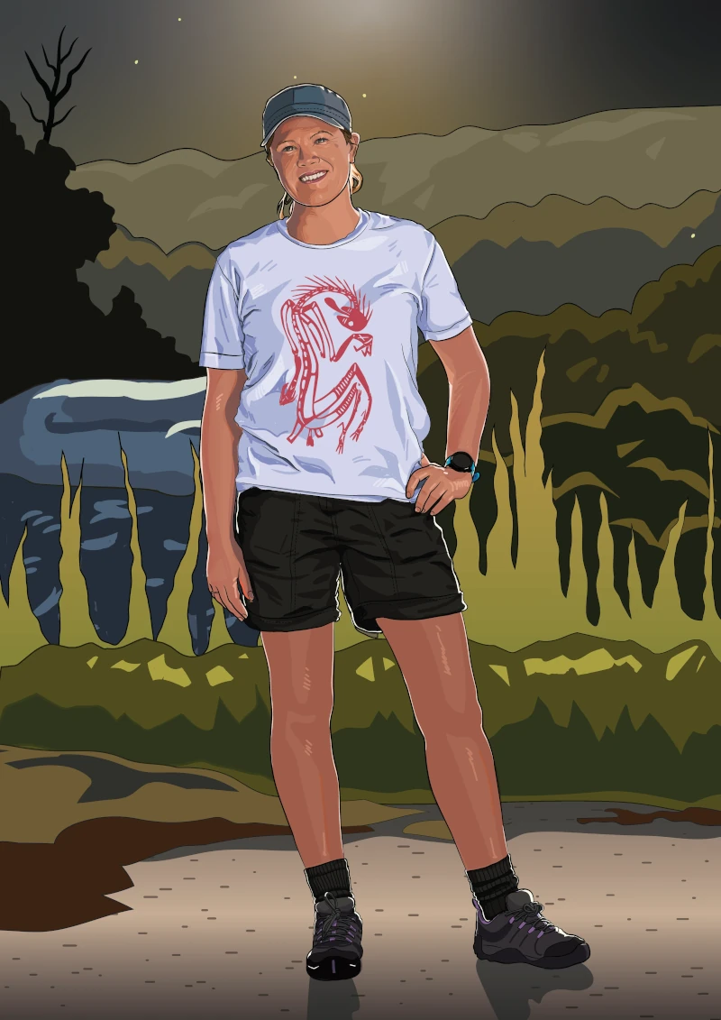 Illustration of Mikaela standing outdoors at night, wearing a white graphic T-shirt, black shorts, cap, and sneakers, with a scenic background of hills, trees, and water.