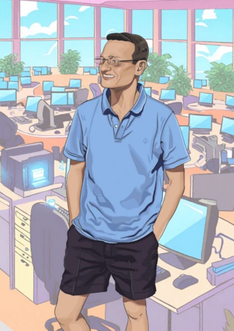 Illustration of Ajay, a registered nurse, wearing a light blue polo shirt and dark shorts, standing with hands in pockets in a bright office filled with desks, computers, and large windows.