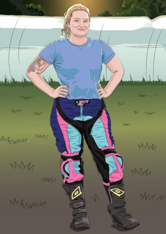 Illustration of Louise standing outdoors on grass, wearing a light blue T-shirt and colorful motocross-style pants in blue, pink, and black with protective boots. A tattoo is visible on one arm.