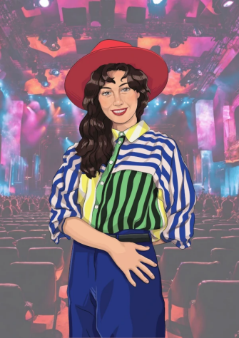 Illustration of Siobhan standing in a vibrant concert or stage setting with colorful lights and seating in the background, wearing a bold striped shirt in blue, green, and yellow, paired with blue pants and a wide red hat.