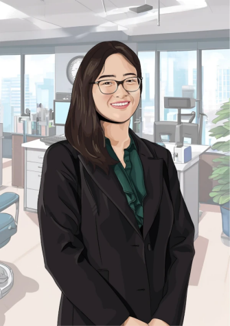 Illustration of a Daisy standing in a modern office setting with desks, computers, and large windows, wearing a dark blazer over a green blouse.