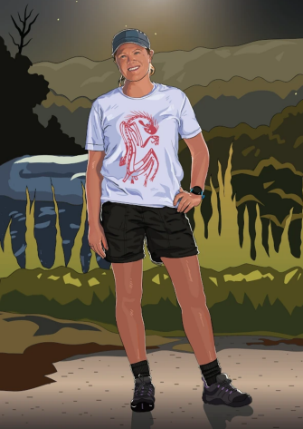 Future You PathfinderIllustration of Mikaela standing outdoors at dusk with hills and trees in the background, wearing a white T-shirt with a red dragon design, black shorts, hiking shoes, and a cap.