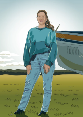 Illustration of Renee standing on grass beside a small aircraft, wearing a teal sweater and light blue jeans with dark shoes. Background shows a cloudy sky and distant hills.Illustration of Renee standing on grass beside a small aircraft, wearing a teal sweater and light blue jeans with dark shoes. Background shows a cloudy sky and distant hills.