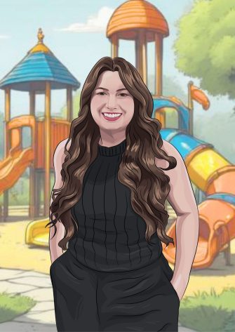A cartoon depiction of Tessa Grayston, standing in front of a playground. Tessa is wearing all black, and her long dark hair is worn out, curled down her shoulders. 