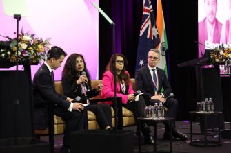 From left: Centre for Australia–India Relations CEO Ryan Neelam, Scientia Professor Veena Sahajwalla AO, Deakin University Vice-President (Global Engagement) Ravneet Pawha and Tourism Australia Managing Director Robin Mack.