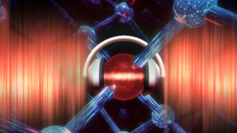 Artists impression of an atom qubit in silicon being protected from charge noise caused by imperfections in the material environment